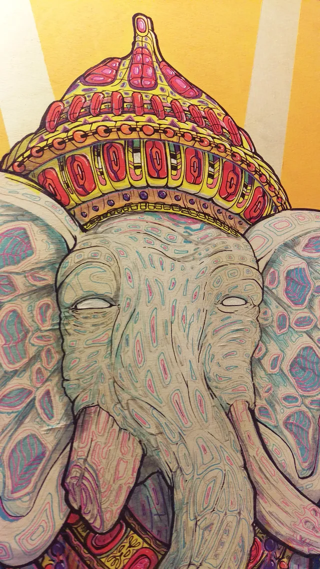 Psychedelic illustration of Ganesh with topographical skin patterns and a detailed red and gold crown