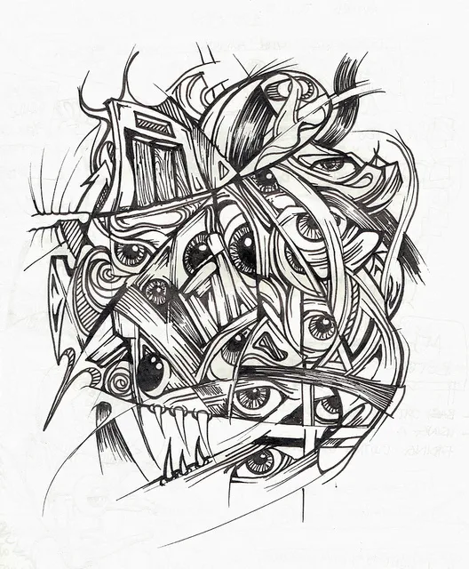 Abstract black ink drawing of a fractured psychedelic composition featuring multiple eyes, sharp teeth and swirling lines
