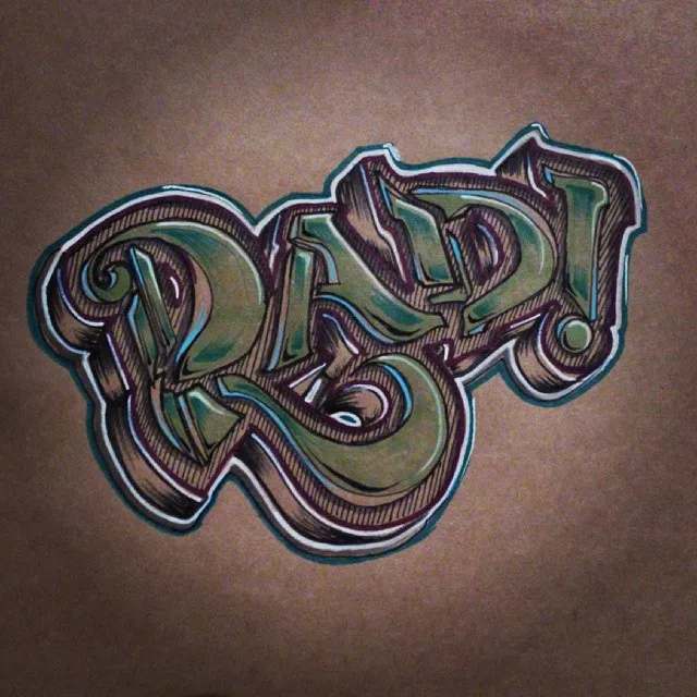 Illustration of the word DAD! in 3D graffiti lettering on brown paper