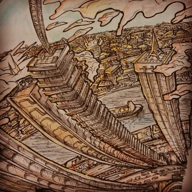 Detailed ink drawing of a sprawling cityscape and river from a distorted high angle with stylized clouds