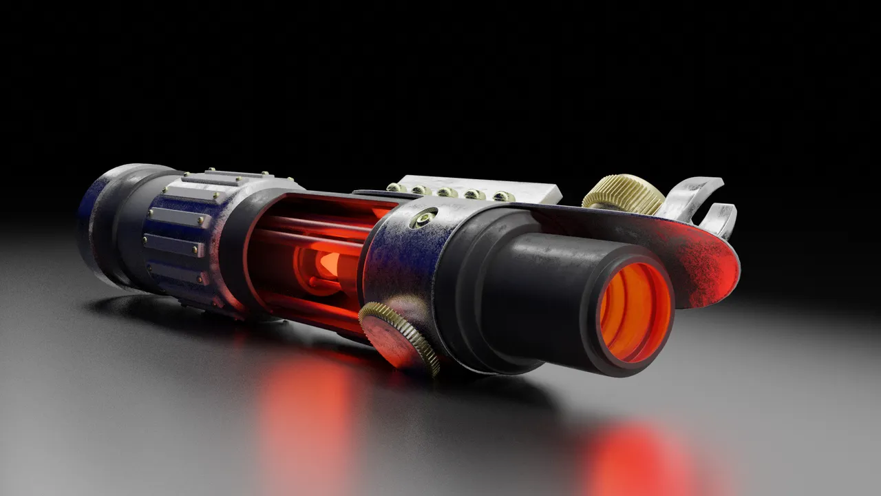 3D render of a weathered metallic lightsaber hilt with a glowing red internal core