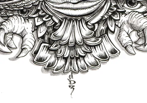 Black ink drawing detail featuring symmetrical layered feathers, sharp talons, and human lips in bold line work