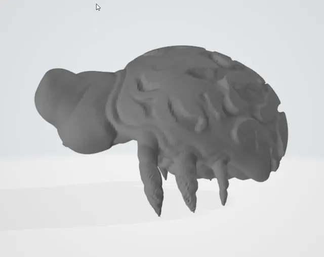 Untextured grey 3D sculpt of a bug-like critter with a brain-like carapace and short pointed legs