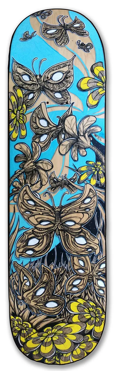 Hand-painted skateboard deck with intricately patterned butterflies and yellow flowers over blue and exposed wood