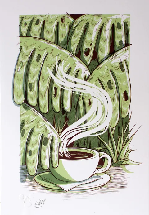 Print illustration of a steaming white coffee cup and saucer against large green jungle leaves with bold line work