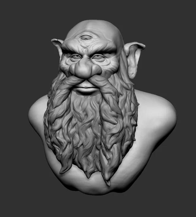 3D sculpted bust of a bald dwarf with a third eye, pointed ears, and a thick braided beard