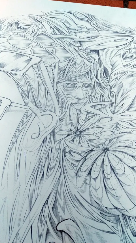 Pencil drawing of a face hidden among flowing psychedelic lines, large flowers and oversized glasses