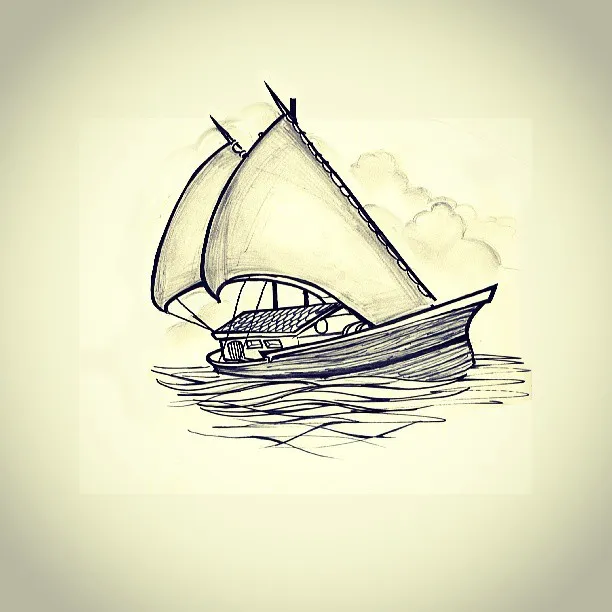 Ink sketch of a traditional sailboat with triangular sails and bold outlines on the water