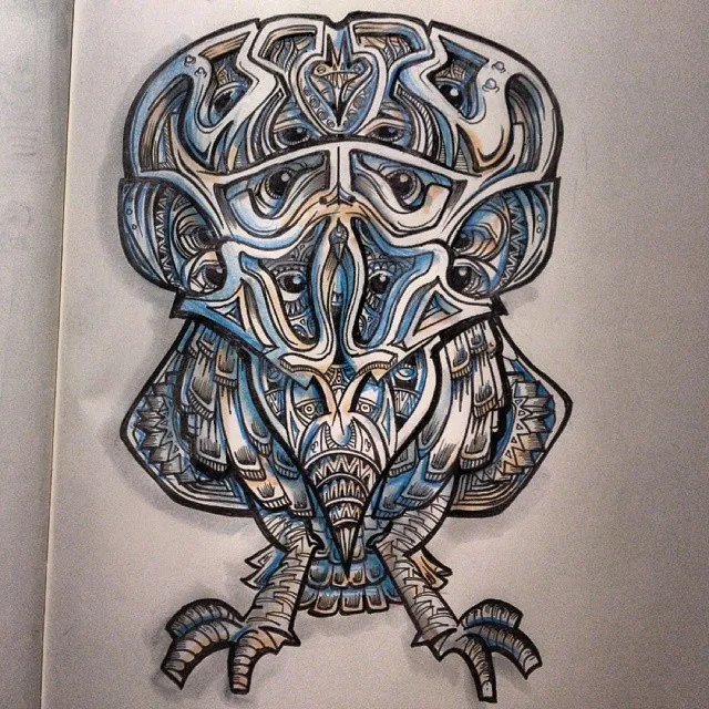 Ink drawing of a symmetrical, totemic bird with bold lines, multiple eyes, and intricate blue and tan shading