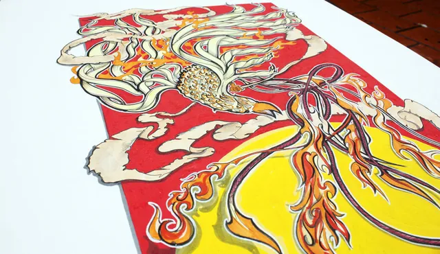 Ink illustration of a stylized phoenix with swirling flames and flowing tail feathers on a red and yellow background