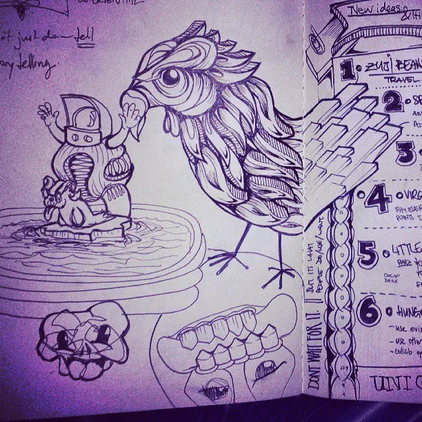 Sketchbook ink drawing of a stylized bird, a small mechanical figure in a fountain, and handwritten notes