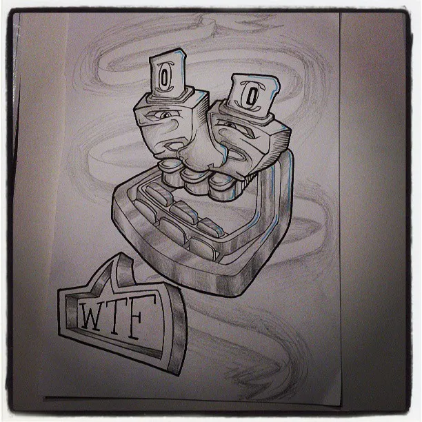 Pencil and ink sketch of two spray paint caps with eyes merging on a base above 3D text reading WTF