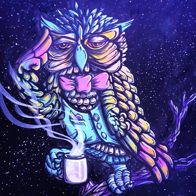 Psychedelic painting of an owl in a pink bow tie and blue vest holding a steaming mug against a starry sky