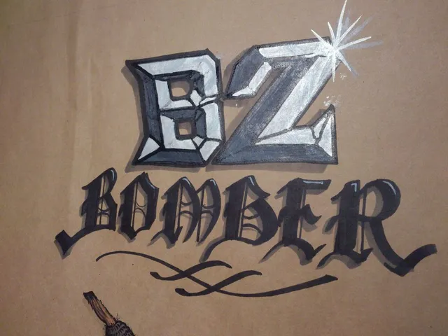 Hand-drawn lettering on brown paper reading B2 BOMBER in 3D metallic block letters and black gothic script