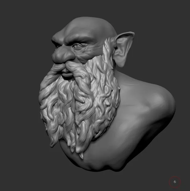 Untextured grey 3D sculpt of a bald dwarf bust with pointed ears and a complex, flowing braided beard