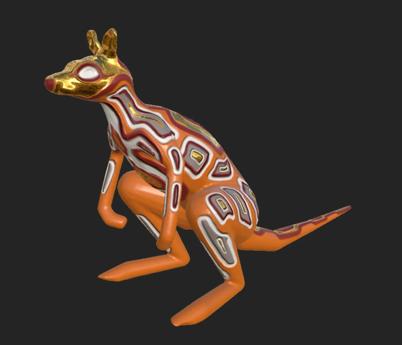 3D render of an orange kangaroo with totemic white and red line patterns and a metallic gold head