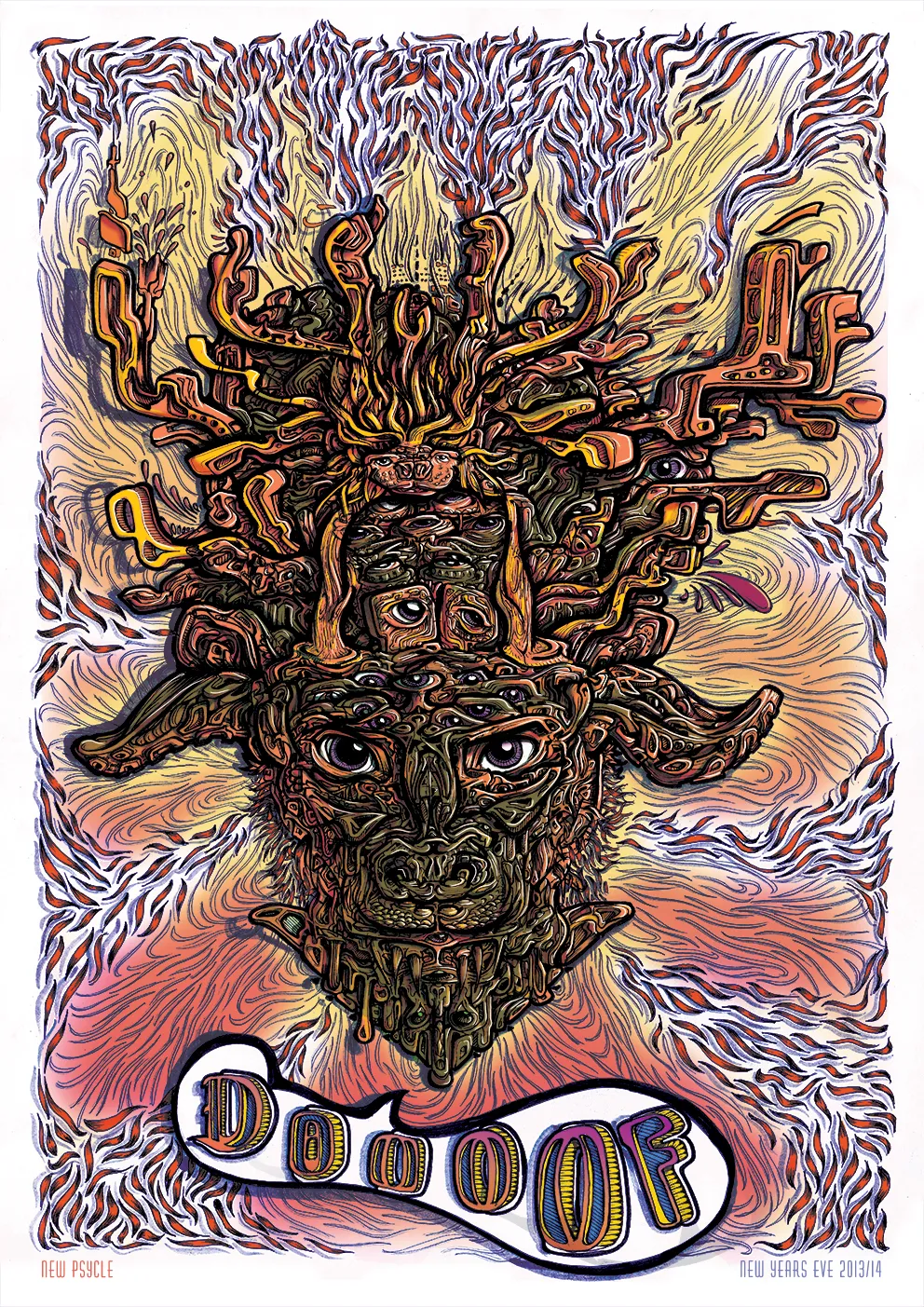 Psychedelic poster illustration of a totemic, multi-eyed animal face with complex branching horns above the word Doof