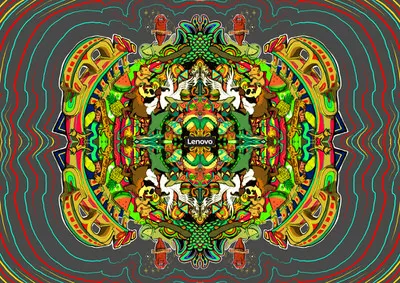 Symmetrical psychedelic illustration of animals, abstract shapes, and wavy lines surrounding a central Lenovo logo