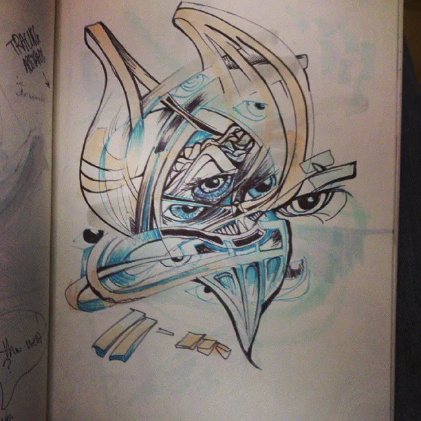 Sketchbook ink drawing of a psychedelic, fragmented bird face with multiple eyes and bold geometric lines