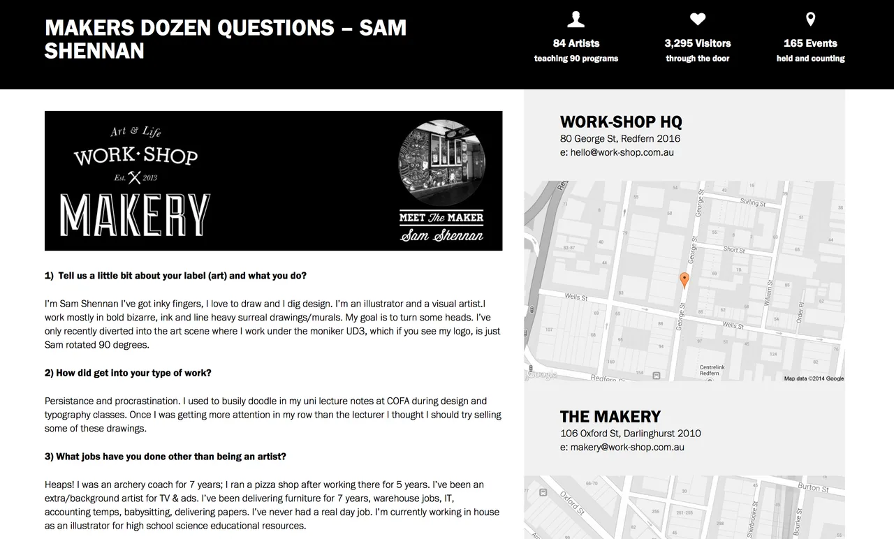 Screenshot of a Makers Dozen interview page with the WORK-SHOP MAKERY logo and a location map