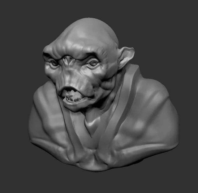 3D sculpt of a bald, monstrous humanoid bust with a heavy brow, jagged teeth, and a thick-collared tunic