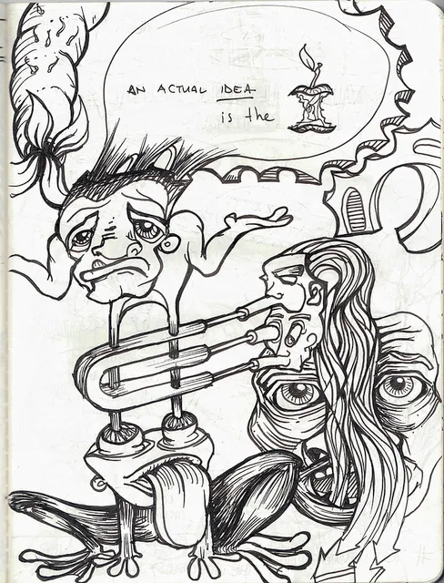Surreal ink sketchbook drawing of interconnected faces, a frog, and a thought bubble reading AN ACTUAL IDEA