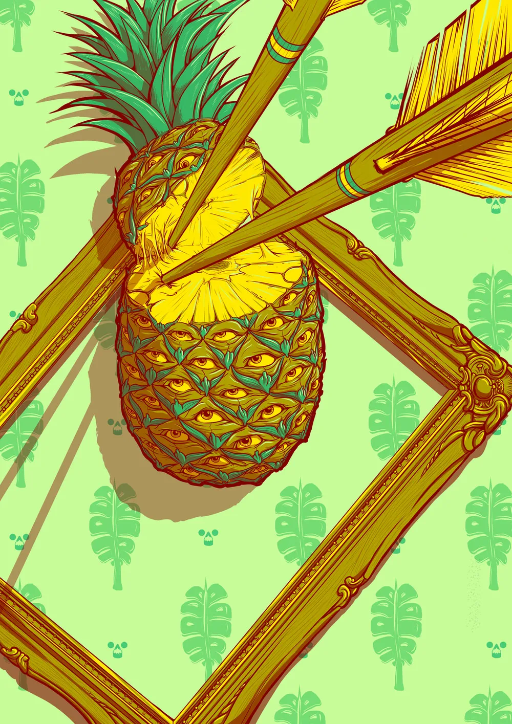 Illustration of a sliced pineapple covered in eyes, pierced by two arrows, floating over an ornate gold frame