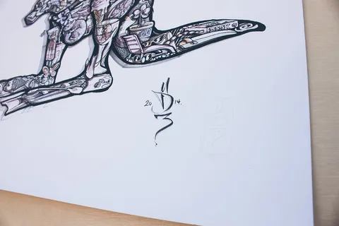 Detail of a signed art print showing the lower half of a kangaroo filled with intricate hidden object line art