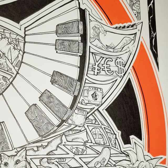 Black and orange ink poster detail showing geometric panels with a wave, currency symbols, a bus, and pop culture items