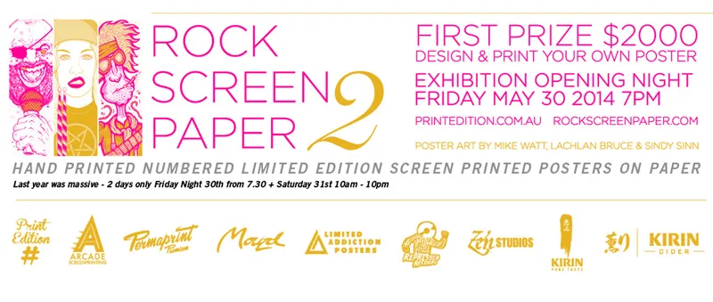 Rock Screen Paper 2 screen printed poster with three psychedelic pink and yellow faces and event details