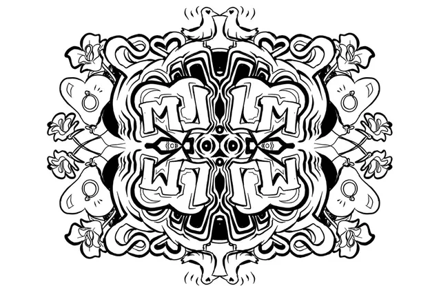 Black and white line drawing of a mandala featuring kissing birds, roses, hearts with rings, and mirrored initials