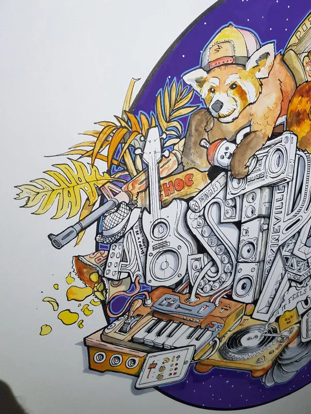 Ink illustration of a red panda in a cap holding a spray can amidst a collage of musical instruments and tropical leaves