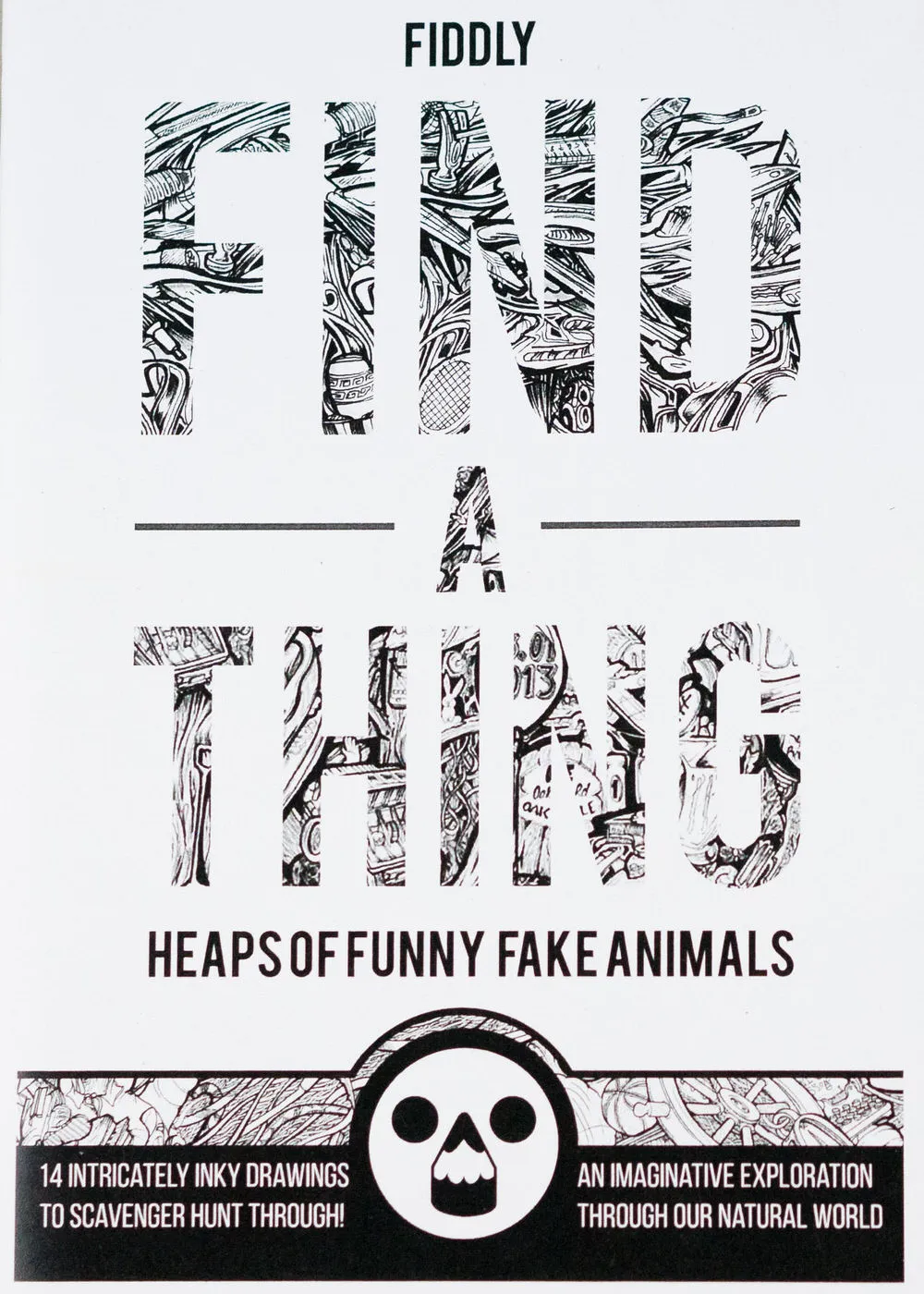 Book cover titled Fiddly Find A Thing featuring large text filled with intricate black ink line drawings