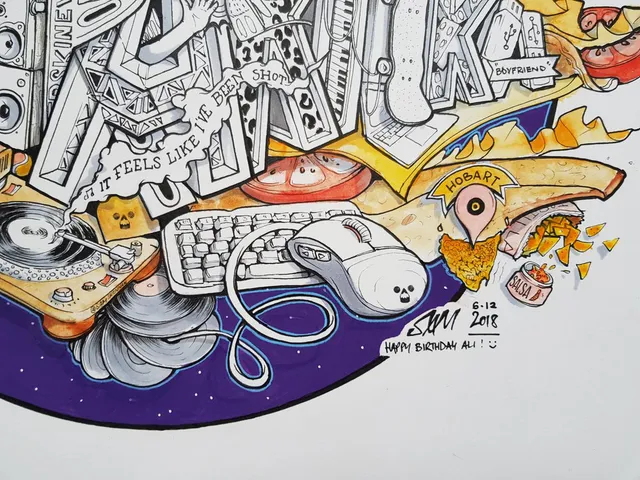 Hand-drawn birthday illustration collaging a turntable, computer mouse, keyboard, pizza, and 3D block letters