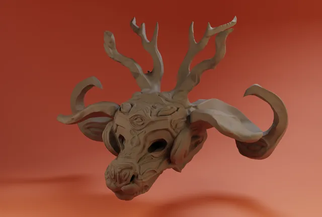 3D render of a totemic alien deer head with antlers, large horns, and a third eye carved into its forehead