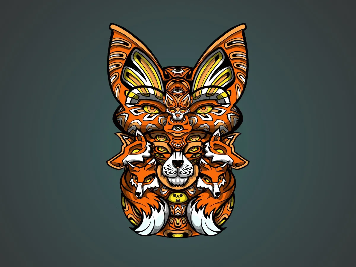 Digital illustration of a symmetrical psychedelic orange animal mask composed of nested fox heads and multiple eyes