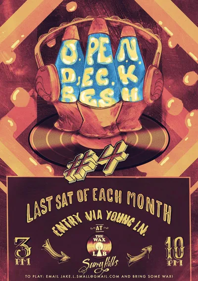Poster illustration featuring headphones around three lava lamps on a vinyl record, lava spelling OPEN DECK SESH