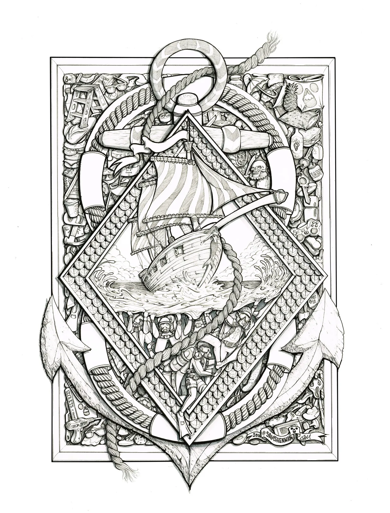 Detailed Surrealism Illustrated poster commission ink ship drawing