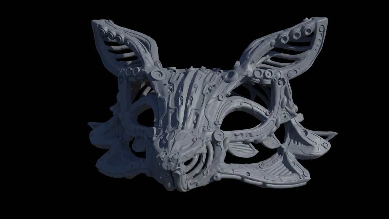 3D sculpt of a symmetrical, grey animal mask with pointed ears and intricate biomechanical details