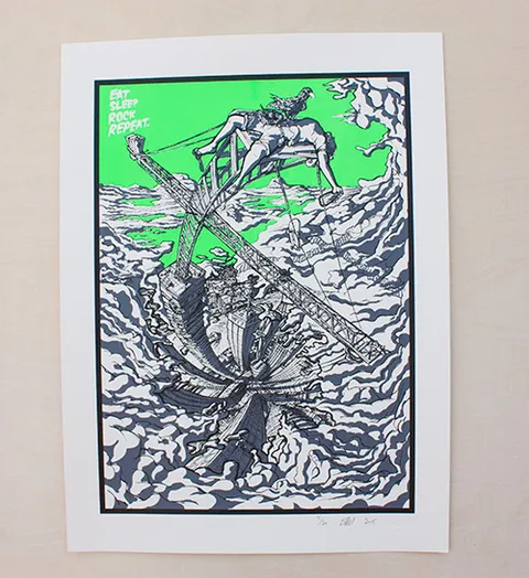 Screenprint of a figure lying on a giant crane above a distorted, swirling city against a bright green background