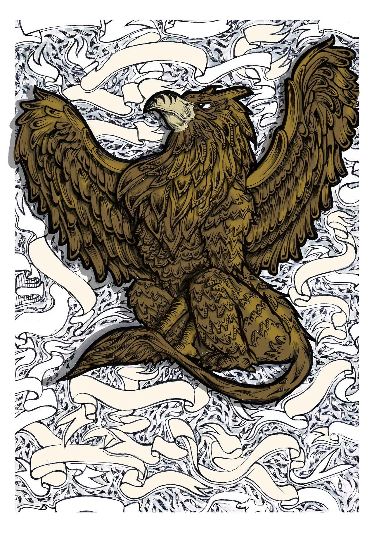 Illustration of a brown griffin with spread wings against a black and white background of blank scrolls and flames