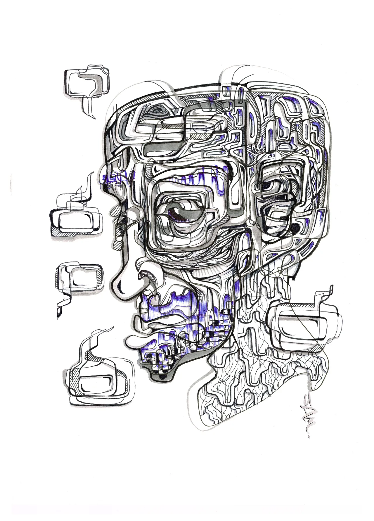 Ink drawing of a surreal face in profile composed of intricate flowing lines alongside floating empty thought bubbles