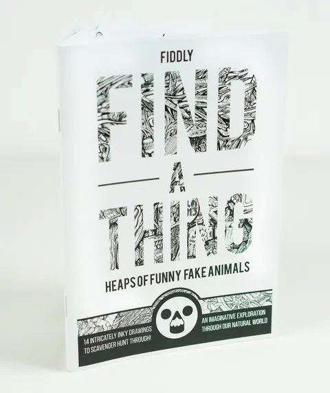 Printed zine titled Fiddly Find A Thing featuring bold typography filled with intricate black ink illustrations
