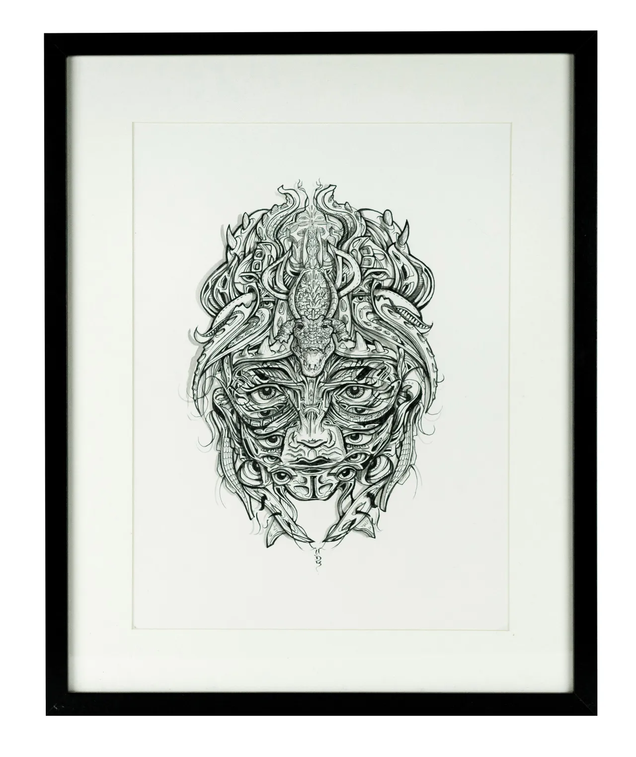 Framed ink drawing of an intricate symmetrical face with multiple eyes and psychedelic organic patterns