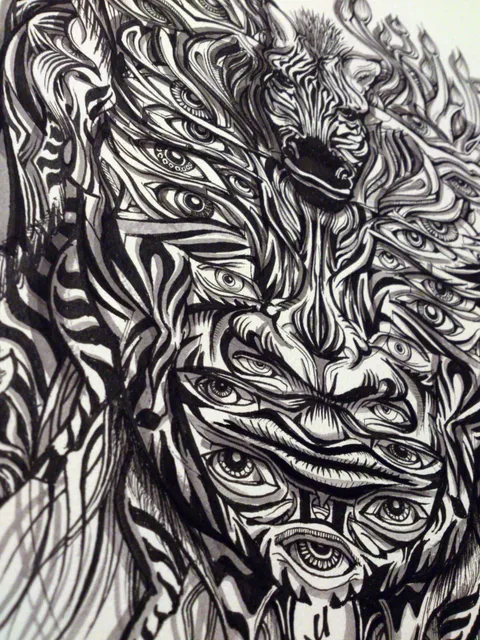 Detailed black and white ink drawing of a psychedelic zebra mask layered with swirling stripes and numerous eyes