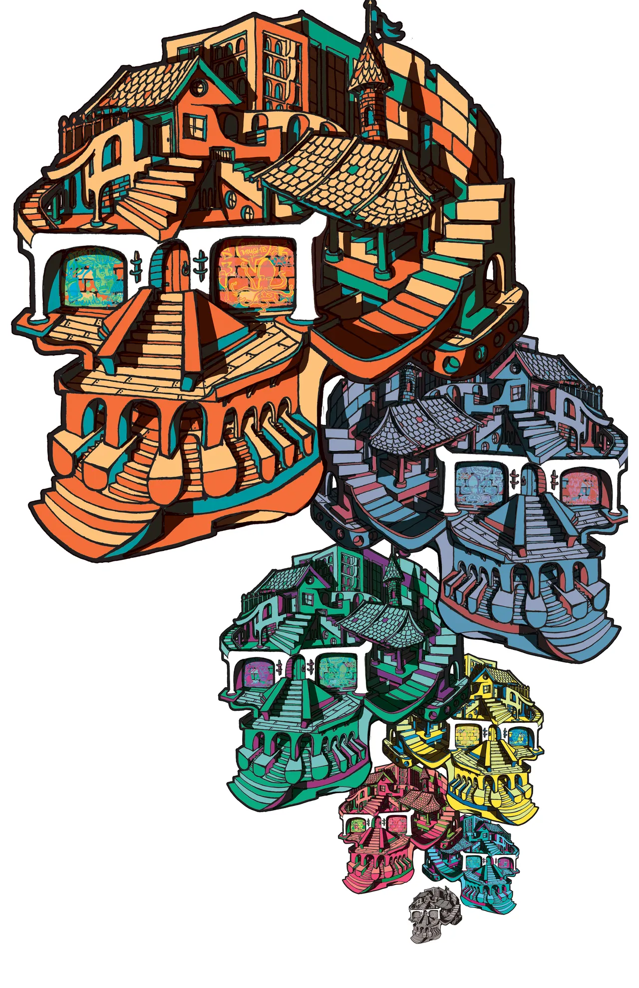 Illustration of cascading skulls constructed entirely from colorful buildings, archways, and stairs