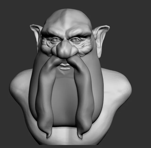 Grey 3D render of a dwarf bust with pointed ears, a prominent nose, and a long mustache draping over a smooth beard