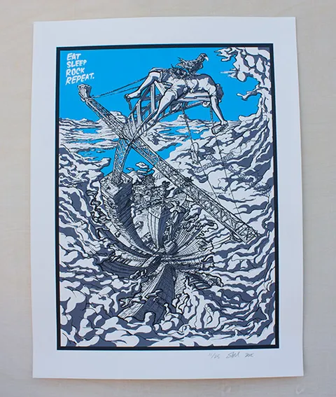 Screenprint of a figure and bird on a high crane above a swirling city, reading Eat Sleep Rock Repeat