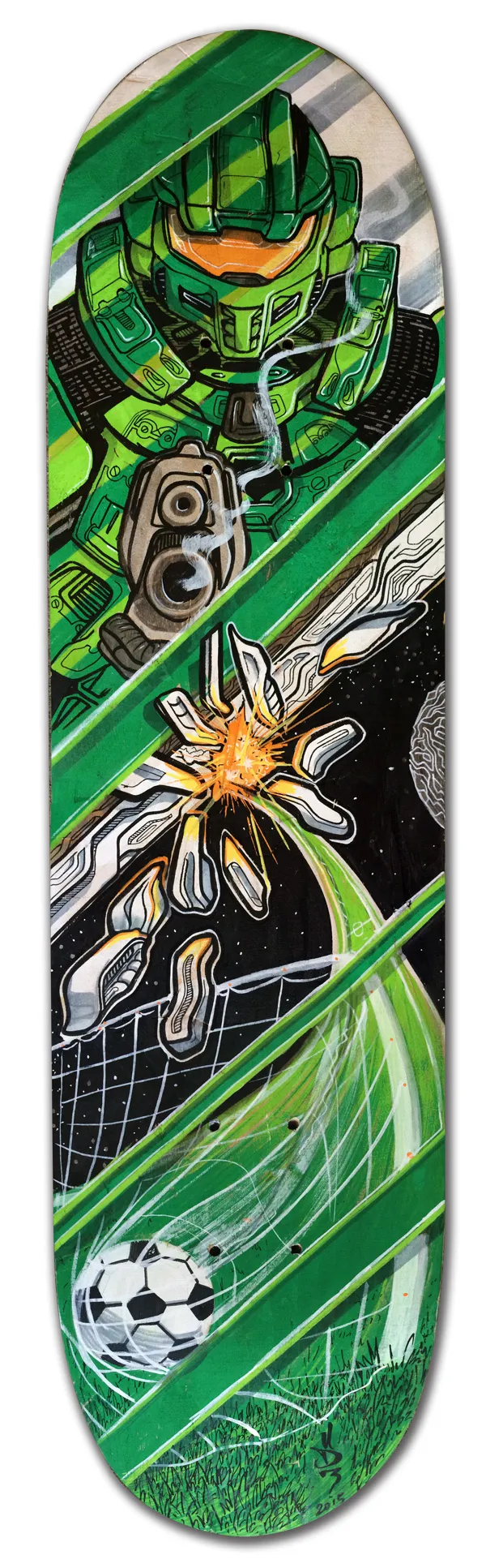 Painted skateboard deck showing a green armored soldier aiming a gun, shattered space debris, and a soccer ball in a net