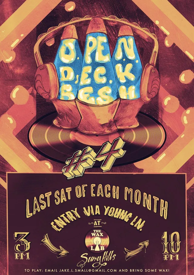 Illustrated event poster of three lava lamps wearing headphones on a vinyl record, with lava spelling Open Deck Sesh